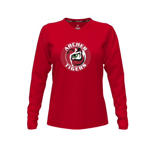 [CUS-DFW-TEES-CMF-VNK-LSL-RED-FYXS-LOGO1] Decker Comfort T-Shirt (Female Youth XS, Red, V Neck, Logo 1, Long Sleeve)