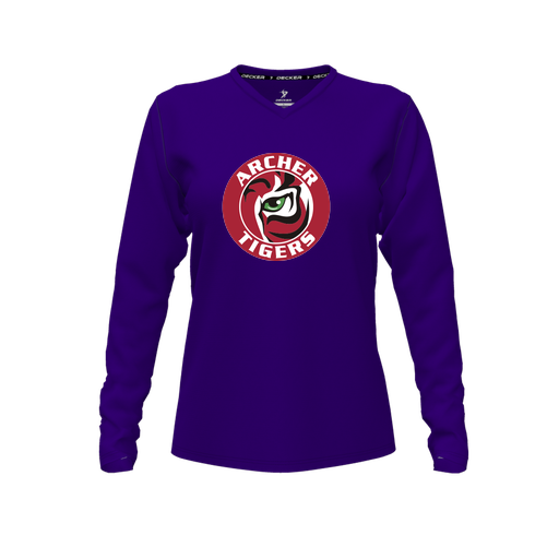 [CUS-DFW-TEES-CMF-VNK-LSL-PUR-FYXS-LOGO1] Decker Comfort T-Shirt (Female Youth XS, Purple, V Neck, Logo 1, Long Sleeve)